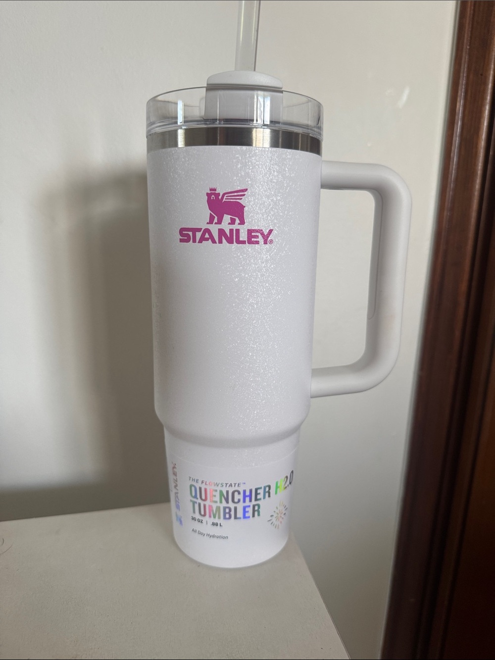 Stanley White Tumbler with Pink Logo and Handle